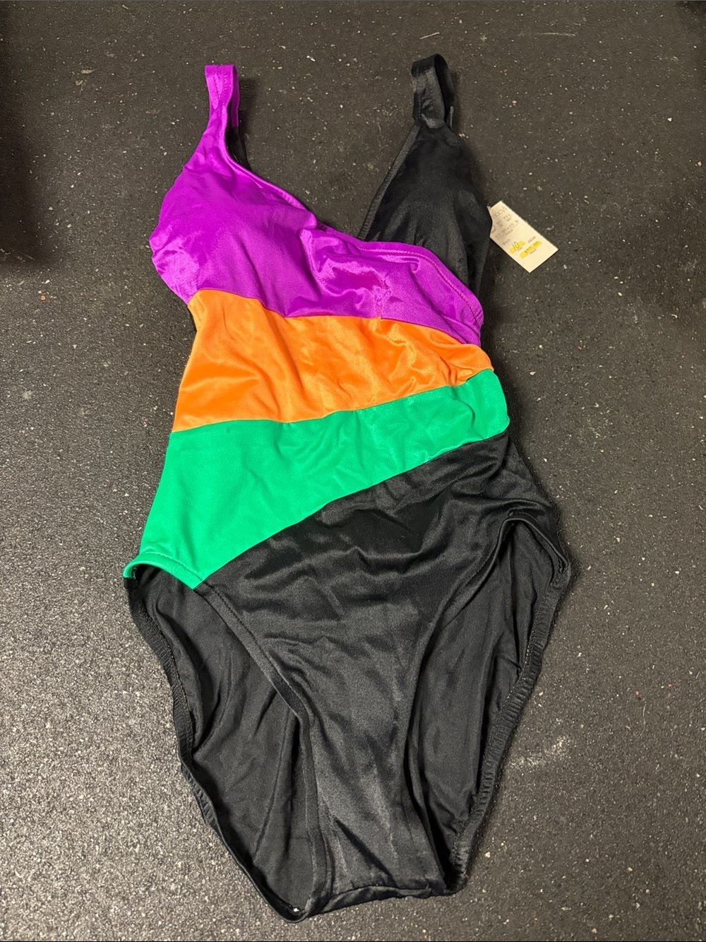 90s Rose Reid Colorblock Black One-Piece Swimsuit with Purple, Orange & Green